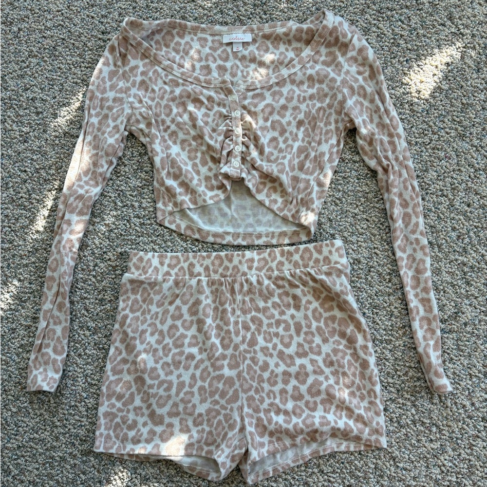 Colsie Brown and Cream Cheetah Print Pajama Top and Shorts.